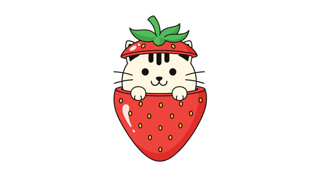 Adorable cartoon cat in a strawberry costume ready for a fun summer party or sweet birthday invitation design element for kids