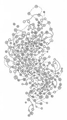 Intricate black and white illustration of interconnected shapes, lines, and patterns forming a complex design.