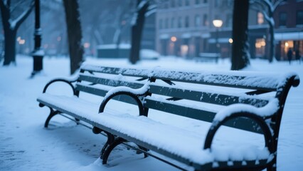 Snow-covered park bench in a winter cityscape at dusk