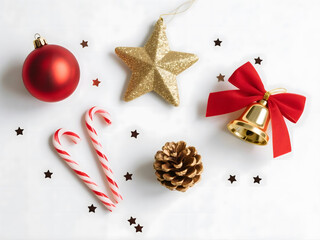 Clean flat lay of minimalist Christmas decorations on a stark white background.