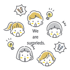 子供たちの表情セット　驚く　かわいくてお洒落な線画イラスト