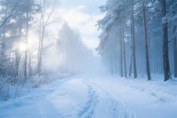 Snow-covered forest path with sunlight filtering through frosty trees on a misty winter morning