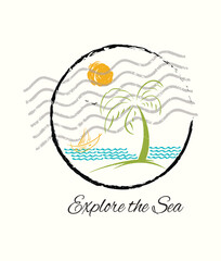 Explore the Sea - Vintage Tropical Island Postmark Badge Illustration