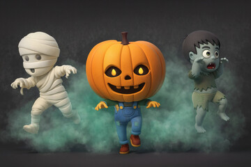 3D Halloween pumpkin, zombie and mummy characters emerging from a layer of green fog