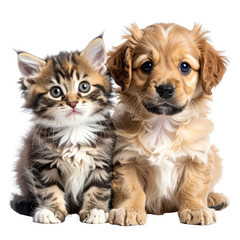 Fototapeta premium Kitten and puppy looking at viewer, dark background, isolated