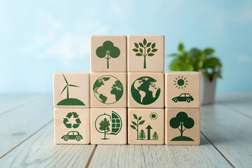 Wooden blocks displaying green energy and environmental conservation symbols stacked
