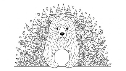 Fototapeta premium A cute, hand-drawn bear in a whimsical forest, presented as a detailed black and white coloring book page.