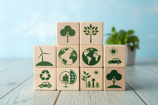 Wooden blocks displaying green energy and environmental conservation symbols stacked