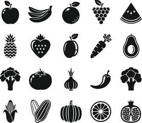 Monochrome fruits and vegetables glyph icon set