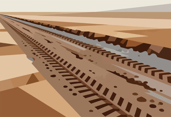Fototapeta premium An abstract illustration of a muddy road with tire tracks alongside a water-filled trench