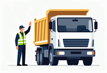 Illustration of a construction worker waving next to a large dump truck. Simple vector design in a flat style