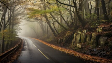 Obraz premium Misty Autumn Road Winding Through a Forest with Fallen Leaves.