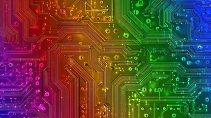 Abstract colorful circuit board background, rainbow colors.