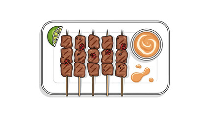 Delicious Grilled Meat Skewers Served with Creamy Dipping Sauce and Lime Wedge on White Plate, Sate illustration Indonesian food