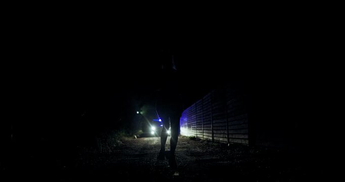 Girl runs from police silhouette in dark alley illuminated by headlights during a tense late-night encounter