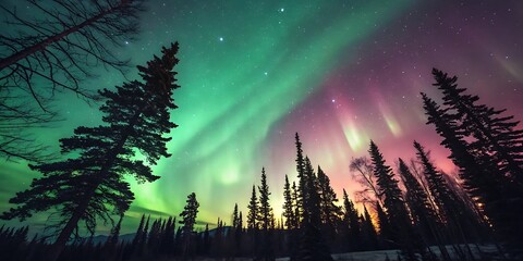 Vibrant aurora borealis dances across a starry night sky above silhouetted pine trees in a cold remote wilderness landscape