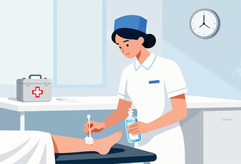Obraz premium A medical illustration shows a nurse cleaning a wound on a patient's leg in a clean, brightly lit room
