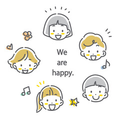 Children's facial expressions set, smiling faces, cute and stylish line drawing illustrations