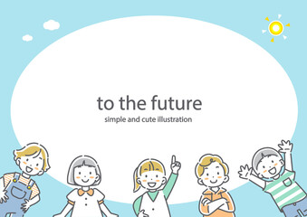 A frame of children looking positively towards the future. Cute and stylish line drawing illustration.
