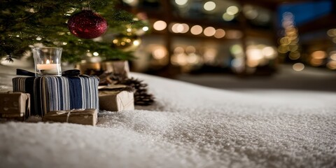 Festive Christmas tree branches with red bauble lit candle on gifts and soft bokeh lights background