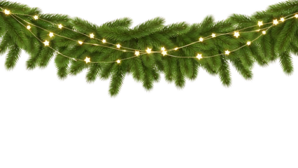 Seamless decorative christmas border with coniferous branches and garlands of christmas lights on transparent background