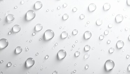 Clear water droplets on a pristine white surface, clean and refreshing background texture