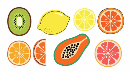 Assortment of Colorful Tropical Fruits - Kiwi, Lemon, Papaya, and Citrus.