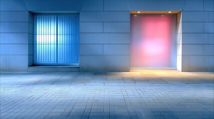 Modern Building Facade with Illuminated Windows and Pavement