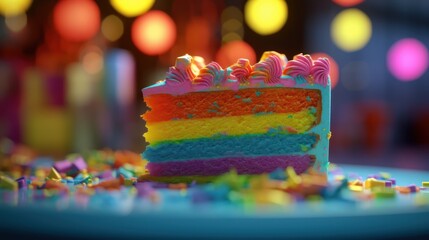 A vibrant slice of rainbow layer cake with colorful confetti and festive bokeh lights.