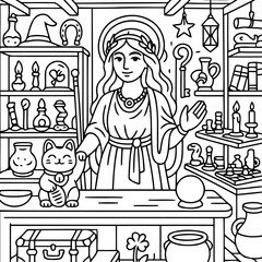 Mystical Shop's Aura: A detailed black and white illustration of a mystical shop, showcasing an array of esoteric items and a central figure, surrounded by symbols of fortune and wonder.