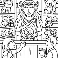 Obraz premium Divine Revelation and Wonder: A scene of reverence unfolds as figures gaze up at a divine entity, her eyes closed in peaceful contemplation, holding a radiant sphere.