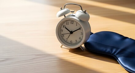 Classic white alarm clock and dark blue sleeping mask on a wooden table with morning sunlight for sleep hygiene concept and daily routine