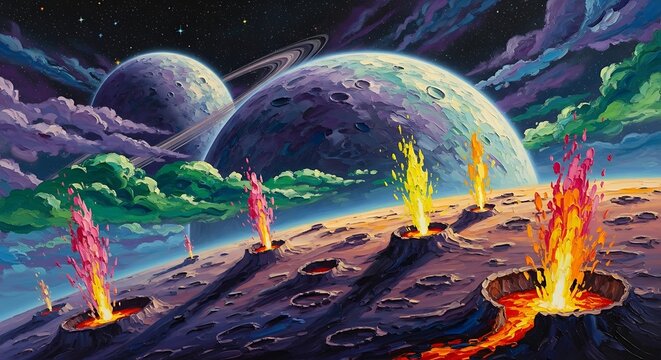 Alien landscape with colorful beings and planets.