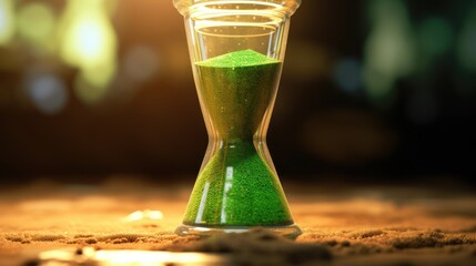 Hourglass with Green Sand - A Symbol of Time, Patience, and Measurement on a Wooden Surface.
