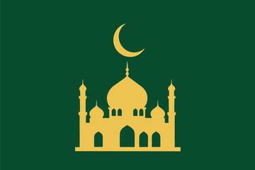 A golden silhouette of a mosque with a crescent moon above it on a dark green background.