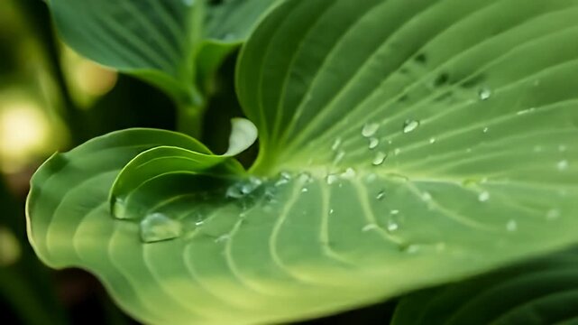Dewy, lush green hosta leaf with water droplets in a close-up, blurred garden setting