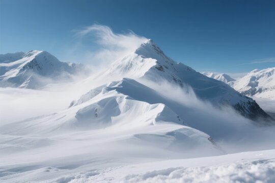 Snow-covered mountain peaks under a clear blue sky with drifting clouds