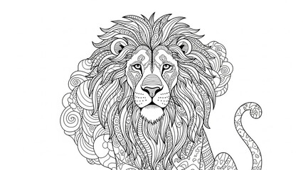 Intricate black and white zentangle illustration of a majestic lion for an adult coloring page.