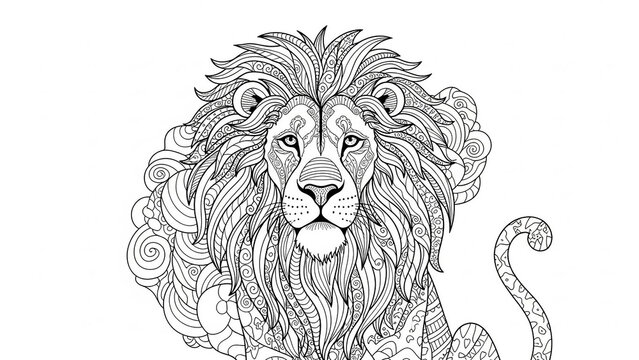 Intricate black and white zentangle illustration of a majestic lion for an adult coloring page.