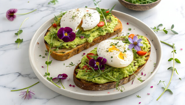 Gourmet avocado toast slices featuring creamy mashed avocado poached eggs and vibrant edible flower garnishes - Powered by Adobe