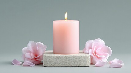 Lit Pink Candle with Flowers on Stone Pedestal