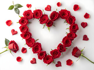 Red roses arranged in a heart shape surrounded by scattered petals and velvet hearts on a white background