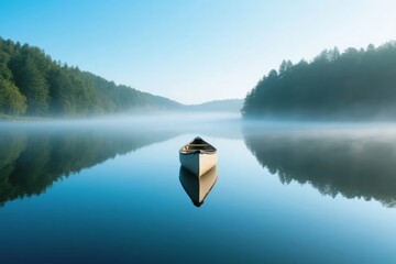 A solitary wooden boat floats on a calm, mist-covered lake surrounded by forested hills under a clear blue sky.