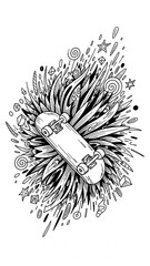 A dynamic black and white illustration of a skateboard amidst abstract explosive shapes and patterns.