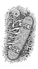 Intricate black and white doodle art featuring a skateboard surrounded by swirling patterns, stars, and checkerboard designs, showcasing detailed urban graphic illustration.