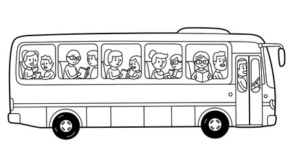 Black and white illustration of a bus filled with people, traveling on the road.