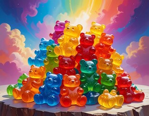 Colorful gummy bears stacked high under a vibrant rainbow sky