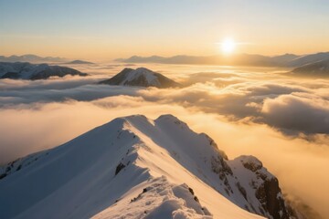 Snow-capped mountain peaks rising above a sea of clouds at sunrise