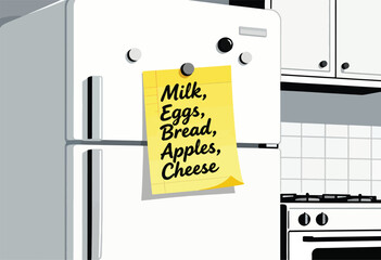 A simplified kitchen illustration depicts a refrigerator with a shopping list of food items attached
