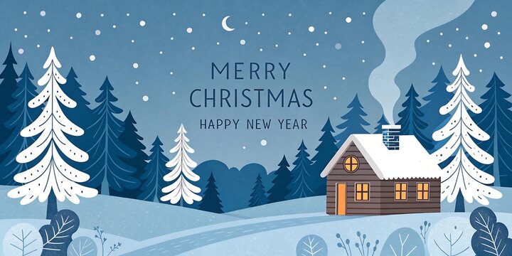 Cozy snow covered cabin in a winter forest at night with falling snow and merry christmas greetings